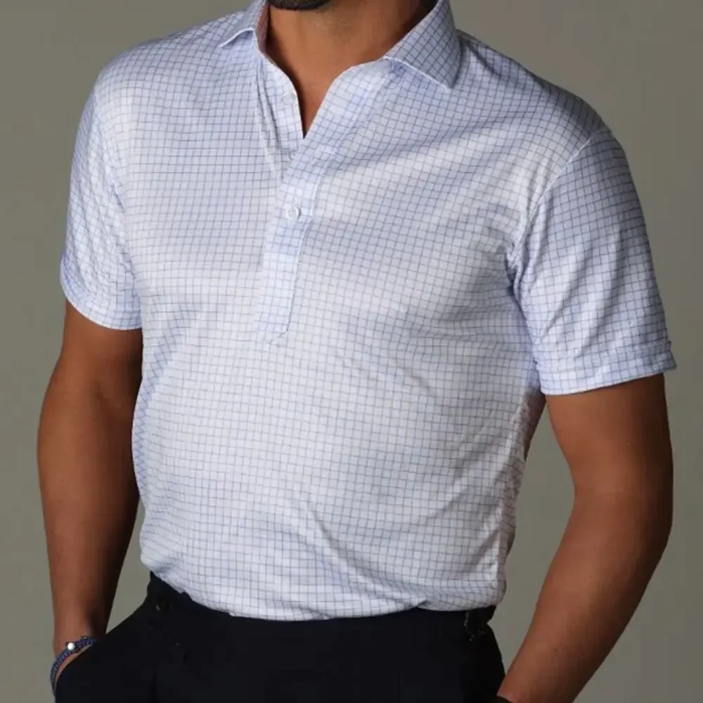 Collars & Co Semi Spread Collar Polo Shirt Men's Small Relaxed Thin Blue Check